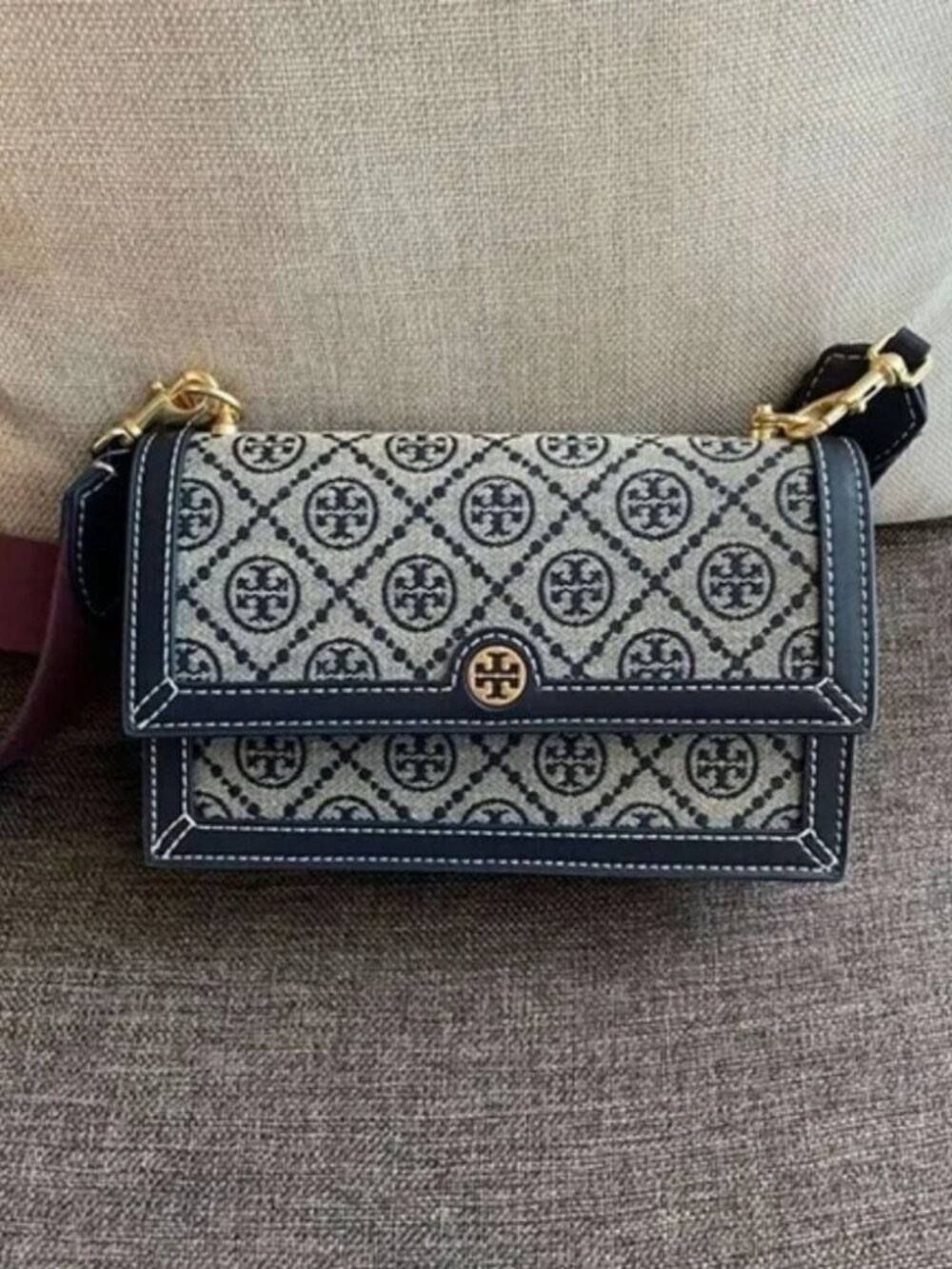 Tory Burch Navy and Beige Logo Jacquard Crossbody